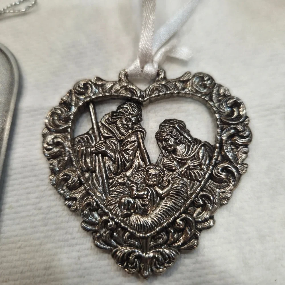 Religious Pewter Metal Christmas Ornaments Set Nativity Holy Family Jesus 3pc